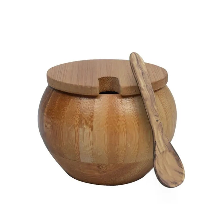 "Elegant Bamboo Sugar Pot Container with Spoon – Eco-Friendly Storage Solution for Sugar and Spices"