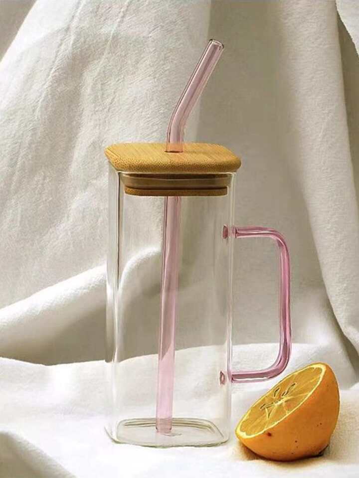 Transparent 400ml Square Glass Mug with Lid & Straw – Ideal for Breakfast, Coffee, Milk, & Party Drinks
