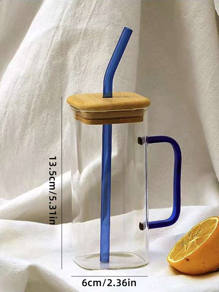 Transparent 400ml Square Glass Mug with Lid & Straw – Ideal for Breakfast, Coffee, Milk, & Party Drinks