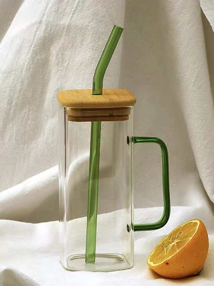 Transparent 400ml Square Glass Mug with Lid & Straw – Ideal for Breakfast, Coffee, Milk, & Party Drinks