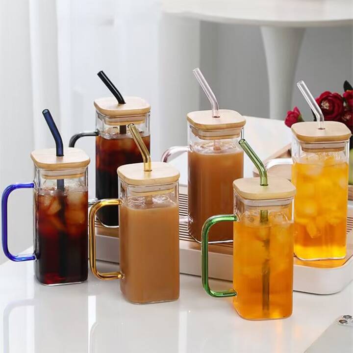 Transparent 400ml Square Glass Mug with Lid & Straw – Ideal for Breakfast, Coffee, Milk, & Party Drinks