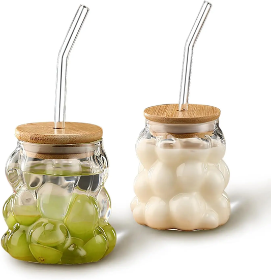 (1 Pc) Glass Cup with Bamboo Lid & Straw – Ideal for Milk, Coffee, Ice Cream
