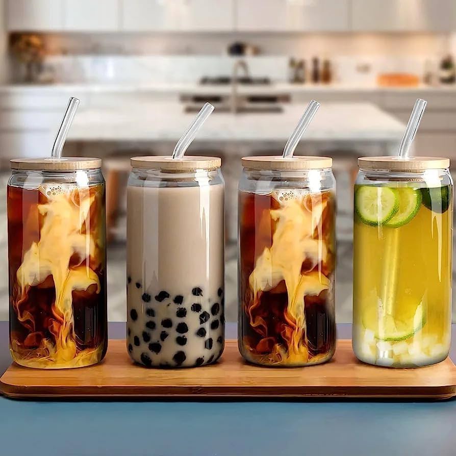 Transparent Glass Tumbler with Glass Straw & Wooden Lid – 540 ml Drinkware for Fruit Juice, Milk, Tea & Coffee