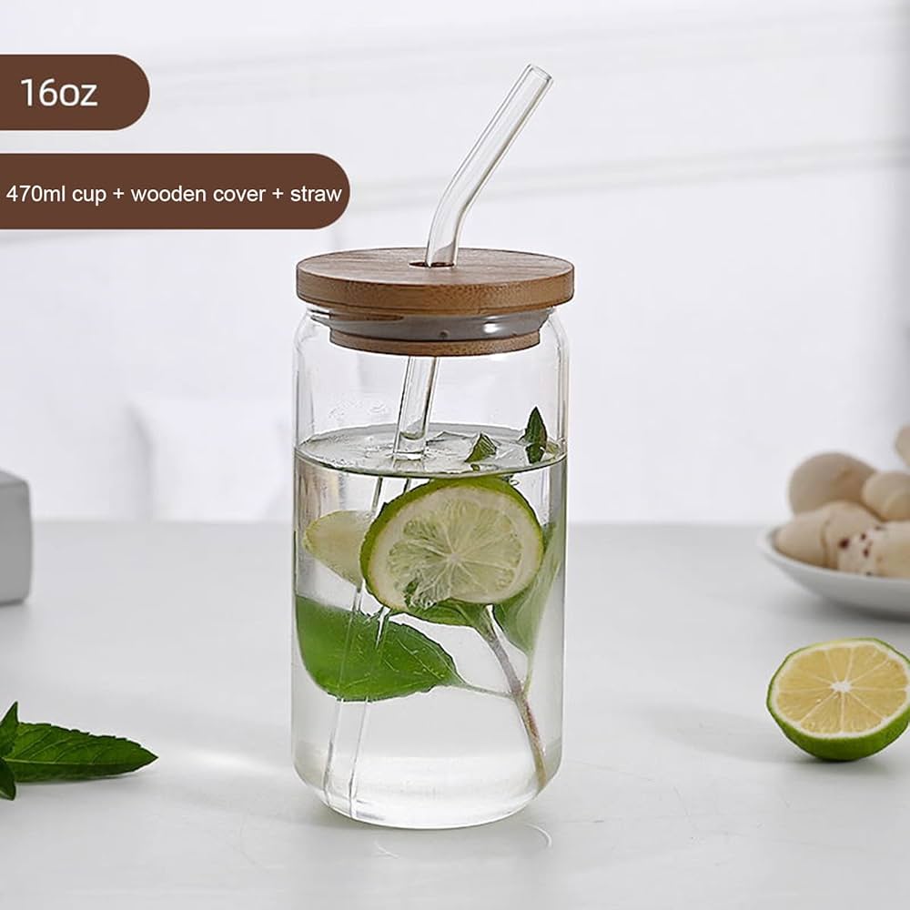 Transparent Glass Tumbler with Glass Straw & Wooden Lid – 540 ml Drinkware for Fruit Juice, Milk, Tea & Coffee