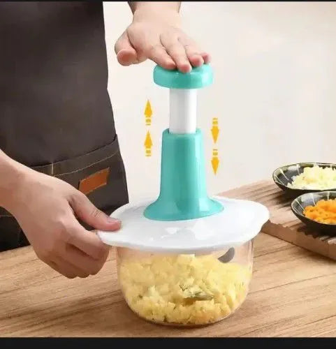 "Manual Hand Push Food Chopper - Multi-Function Vegetable & Meat Processor with Stainless Steel Blades | 2L Capacity | Onion, Garlic, and Fruit Blender"