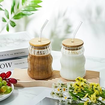 Eco-Friendly Glass Can 500ml | Retro Wave Design | Bamboo Lid | For Juice, Milk, Coffee & Smoothies