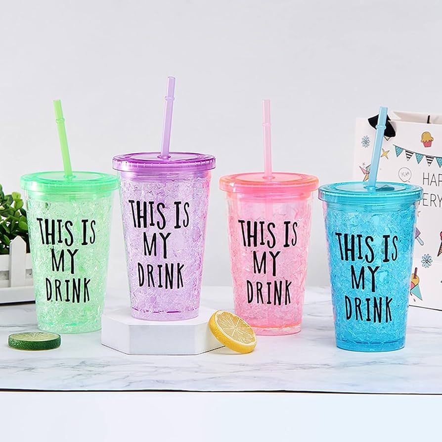 1 piece Double-Layer Ice Cup with Straw – 450ml Slide Lid Mug