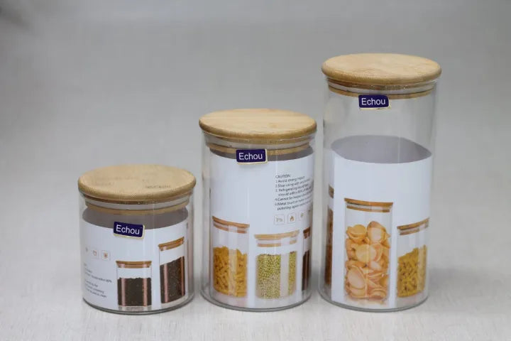 "3-Piece Wooden Lid Jar Set – Small, Medium, and Large Airtight Borosilicate Glass Food Storage Jars"