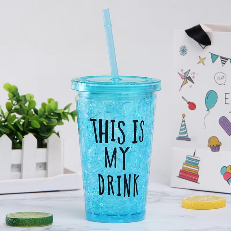 1 piece Double-Layer Ice Cup with Straw – 450ml Slide Lid Mug