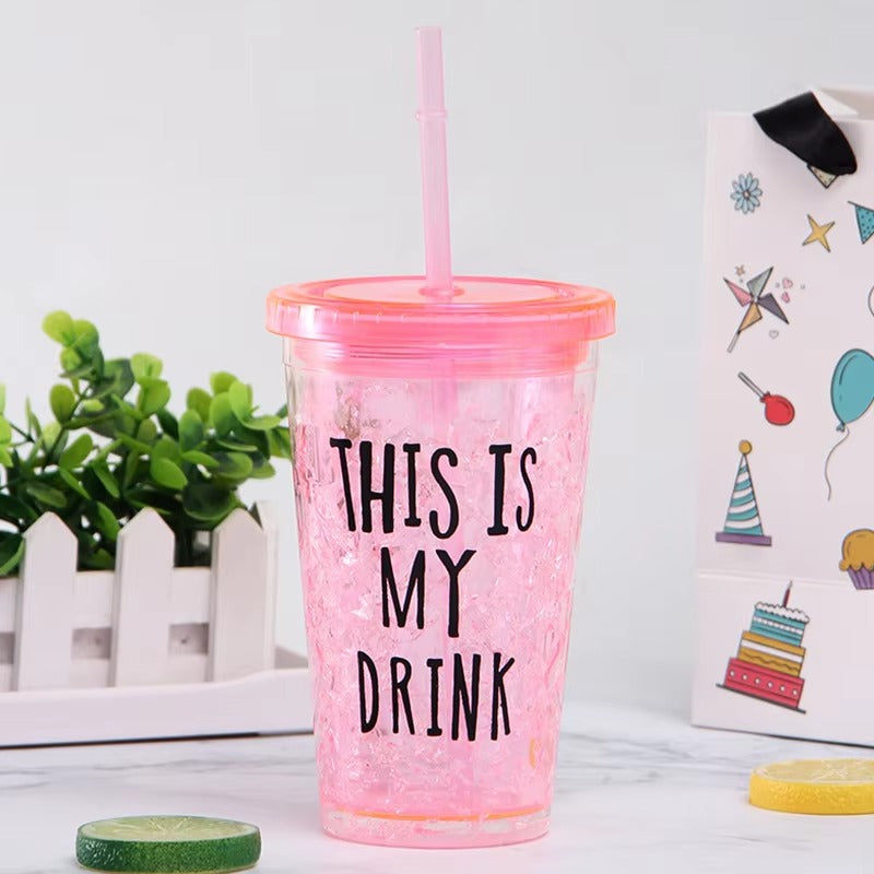 1 piece Double-Layer Ice Cup with Straw – 450ml Slide Lid Mug