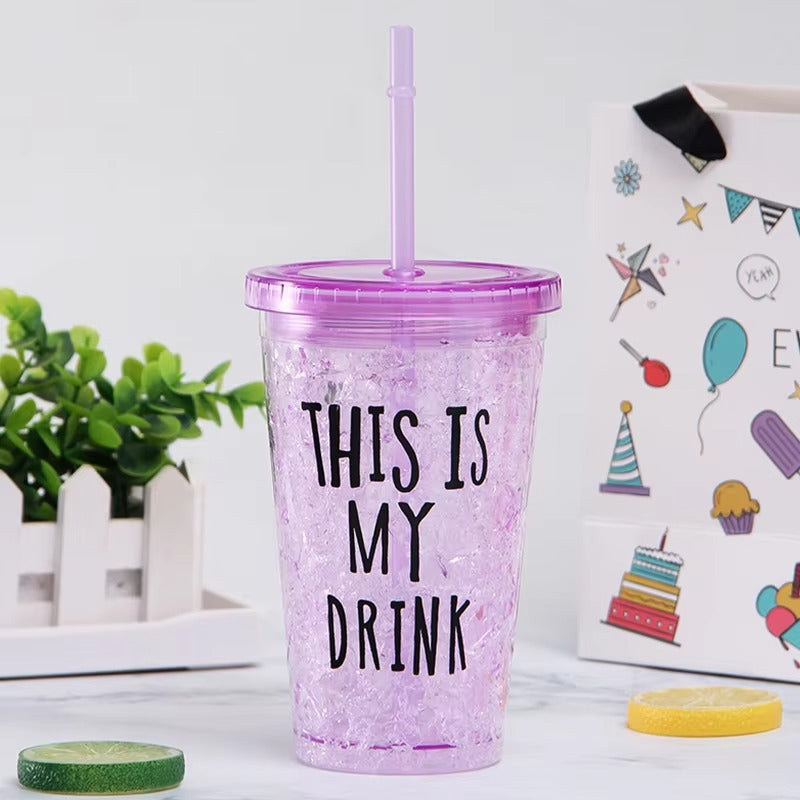 1 piece Double-Layer Ice Cup with Straw – 450ml Slide Lid Mug