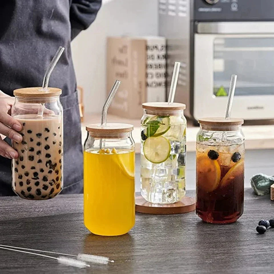 Transparent Glass Tumbler with Glass Straw & Wooden Lid – 540 ml Drinkware for Fruit Juice, Milk, Tea & Coffee