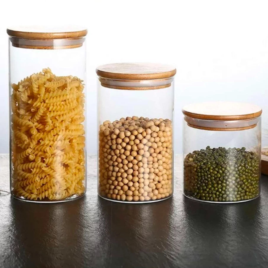 "3-Piece Wooden Lid Jar Set – Small, Medium, and Large Airtight Borosilicate Glass Food Storage Jars"