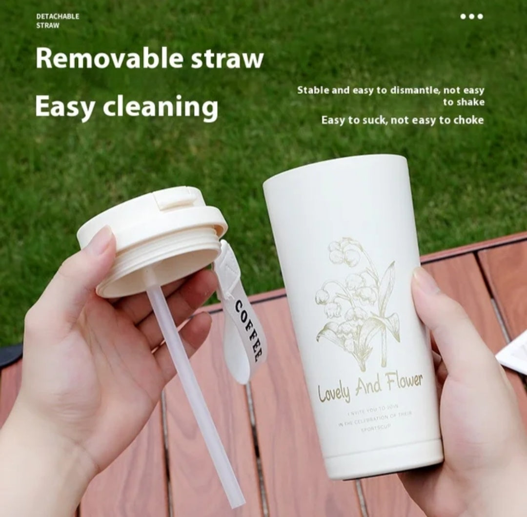 New Arrival Double Wall Vacuum Coffee Cup 304 Stainless Steel with Lifting Rope Boys & Girls Straw Drinking Cup Camping Car Gift