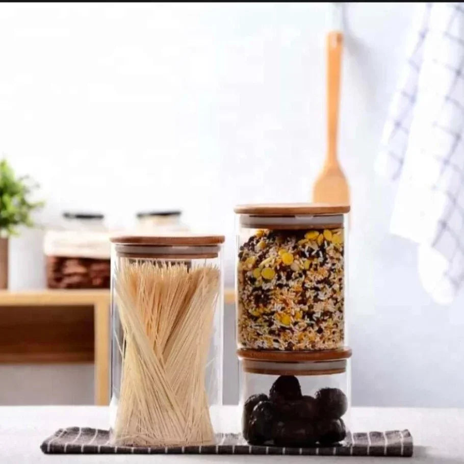 "3-Piece Wooden Lid Jar Set – Small, Medium, and Large Airtight Borosilicate Glass Food Storage Jars"