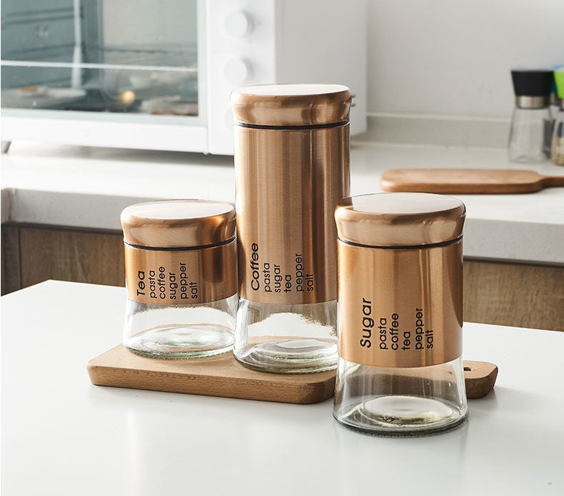 "Coffee, Sugar, and Tea Glass Jar Set - 3 Pcs | Elegant Glass Storage Containers"