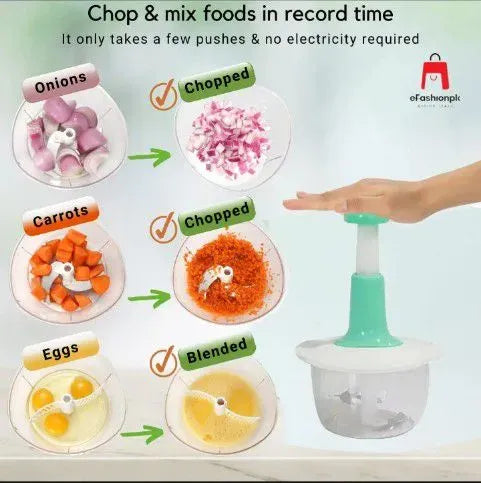 "Manual Hand Push Food Chopper - Multi-Function Vegetable & Meat Processor with Stainless Steel Blades | 2L Capacity | Onion, Garlic, and Fruit Blender"