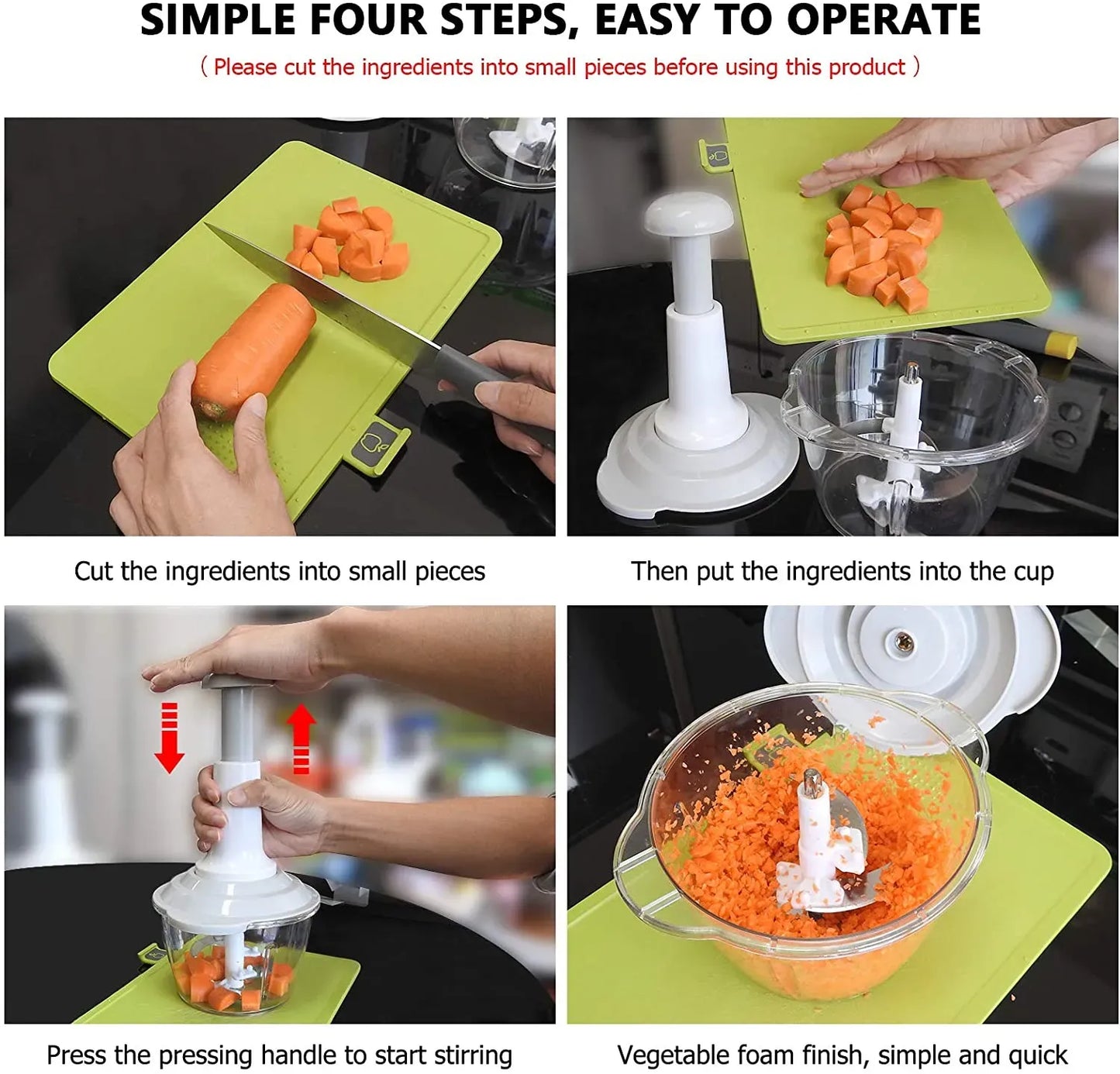 "Manual Hand Push Food Chopper - Multi-Function Vegetable & Meat Processor with Stainless Steel Blades | 2L Capacity | Onion, Garlic, and Fruit Blender"