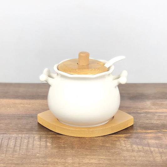 "Premium Sugar Pot Set with Elegant Wooden Lid – Durable Ceramic Container for Kitchen Storage"