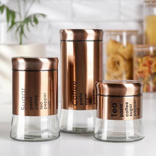 "Coffee, Sugar, and Tea Glass Jar Set - 3 Pcs | Elegant Glass Storage Containers"