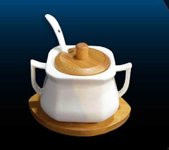 "Premium Sugar Pot Set with Elegant Wooden Lid – Durable Ceramic Container for Kitchen Storage"