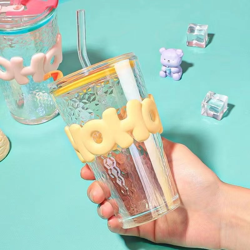 Reusable Glass Coffee Cup – 450ml Leak-Proof with Straw & Lid