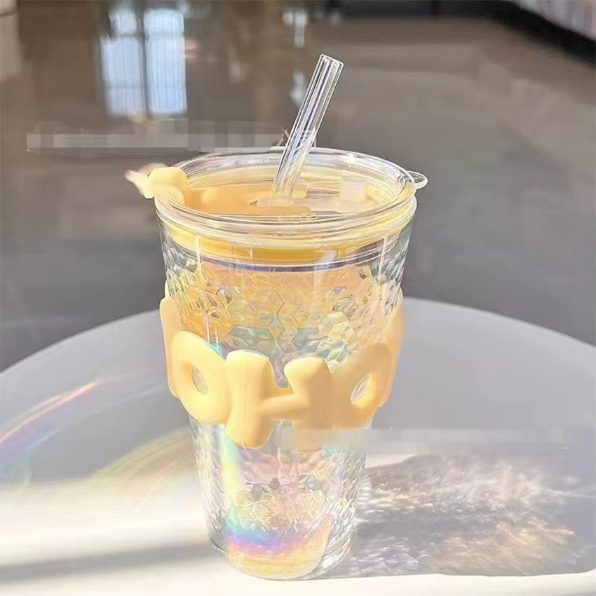 Reusable Glass Coffee Cup – 450ml Leak-Proof with Straw & Lid