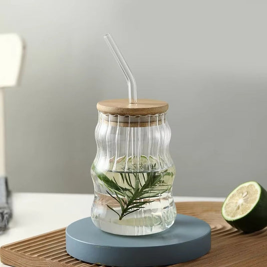 Eco-Friendly Glass Can 500ml | Retro Wave Design | Bamboo Lid | For Juice, Milk, Coffee & Smoothies
