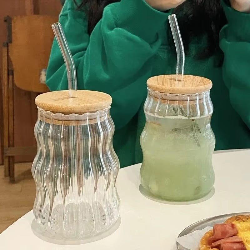 Eco-Friendly Glass Can 500ml | Retro Wave Design | Bamboo Lid | For Juice, Milk, Coffee & Smoothies
