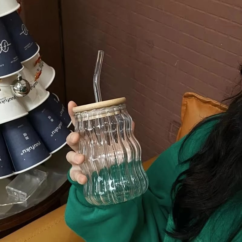 Eco-Friendly Glass Can 500ml | Retro Wave Design | Bamboo Lid | For Juice, Milk, Coffee & Smoothies