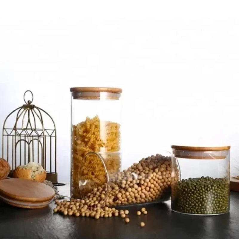 "3-Piece Wooden Lid Jar Set – Small, Medium, and Large Airtight Borosilicate Glass Food Storage Jars"