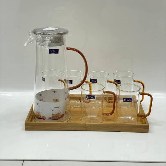 "Elegant 8-Piece Coffee Set: Includes 1 Jug, 6 Mugs & 1 Wooden Serving Tray"