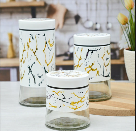 "Elegant 3-Piece Storage Jar Set – Airtight Glass Containers for Kitchen & Pantry"