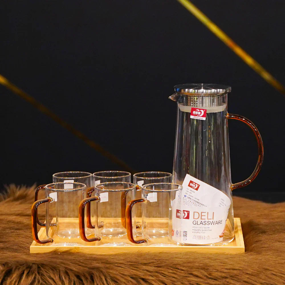 "Elegant 8-Piece Coffee Set: Includes 1 Jug, 6 Mugs & 1 Wooden Serving Tray"