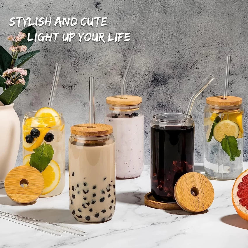 Transparent Glass Tumbler with Glass Straw & Wooden Lid – 540 ml Drinkware for Fruit Juice, Milk, Tea & Coffee